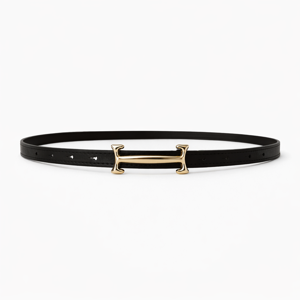 Women’s Black Slim Belt with Gold Bar Buckle