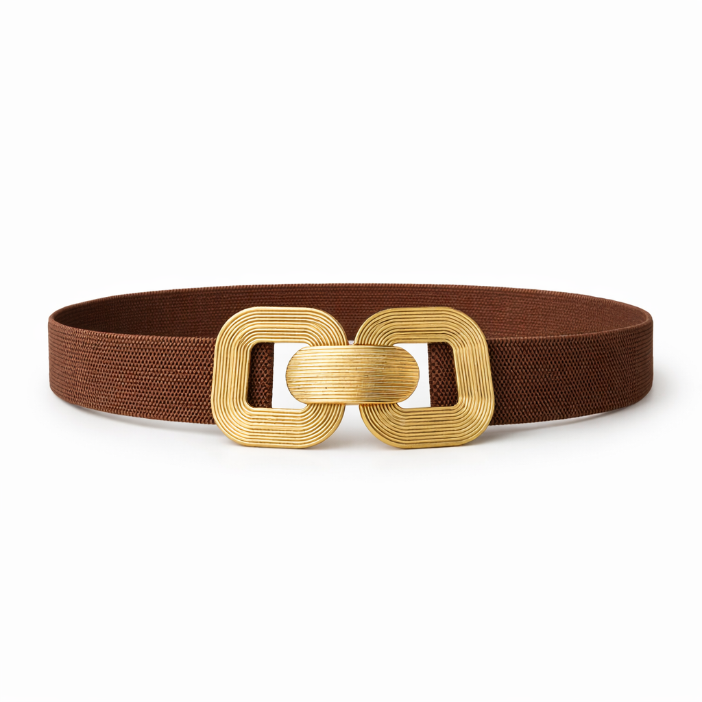 Women’s Brown Elastic Belt with Gold Double-Link Buckle