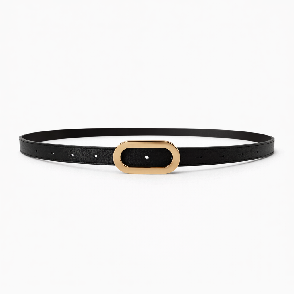 Women’s Black Slim Belt with Oval Gold Buckle