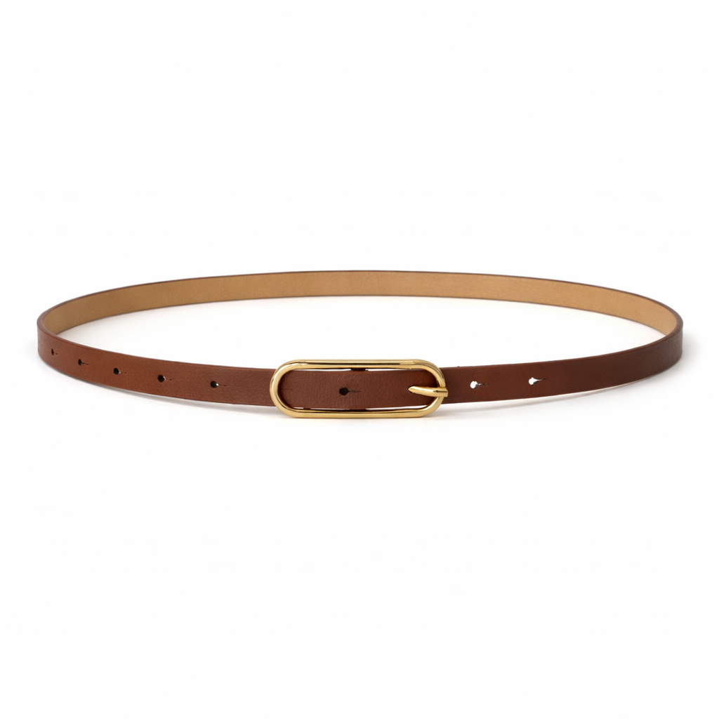 Slim Brown Belt with Gold Oval Buckle