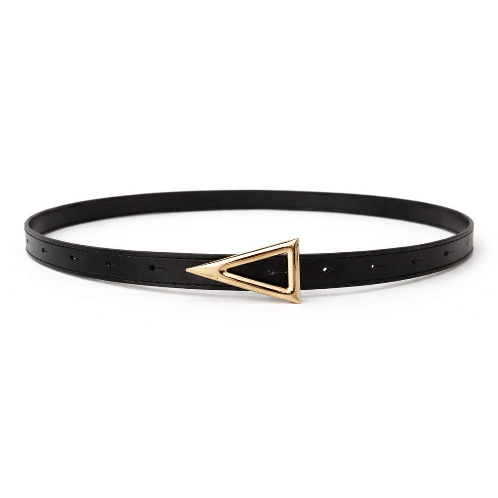 Women Black Slim Belt with Gold Triangle Buckle