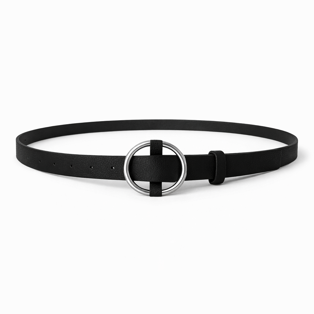Women’s Black Slim Belt with Silver Ring Buckle