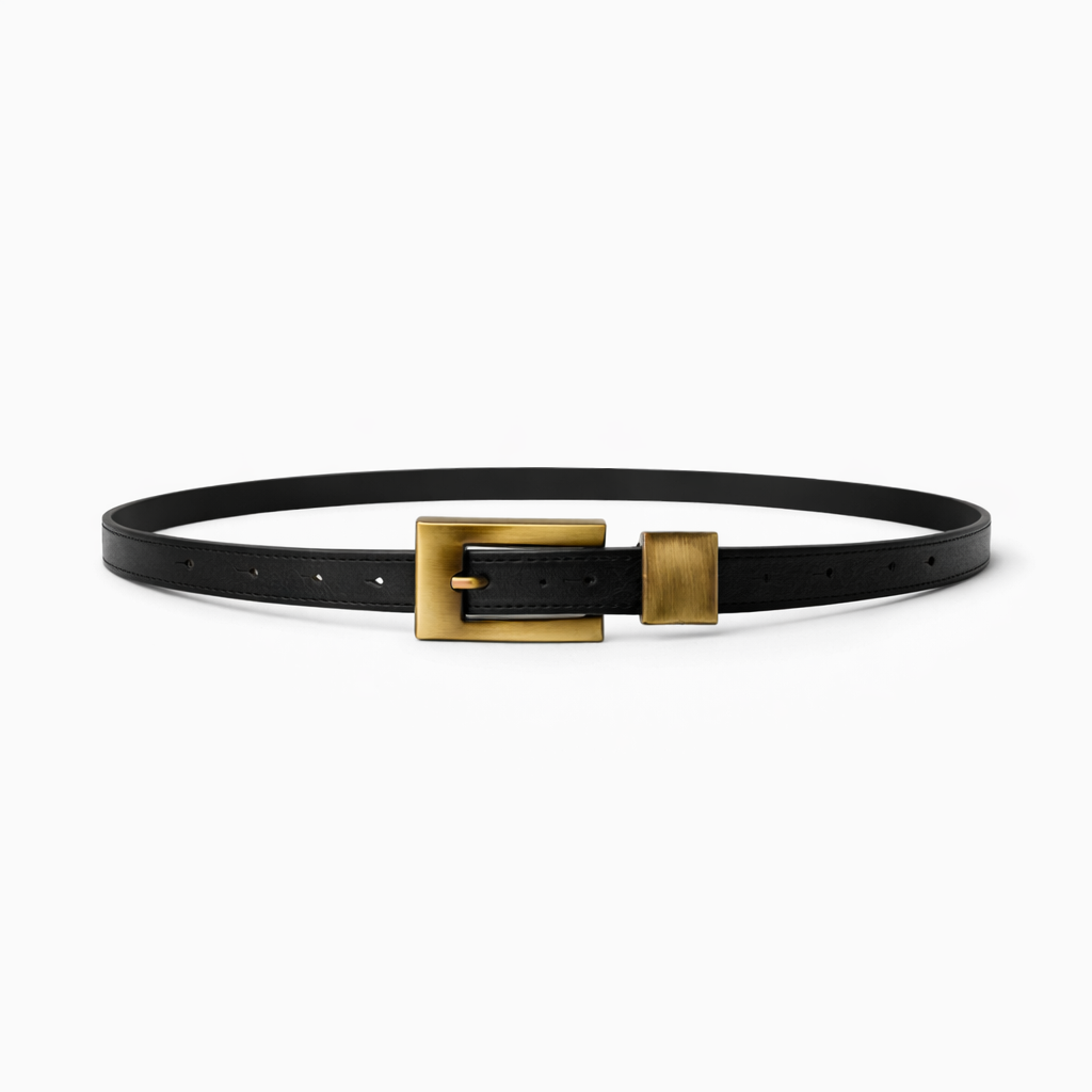 Women’s Black Slim Belt with Gold Square Buckle