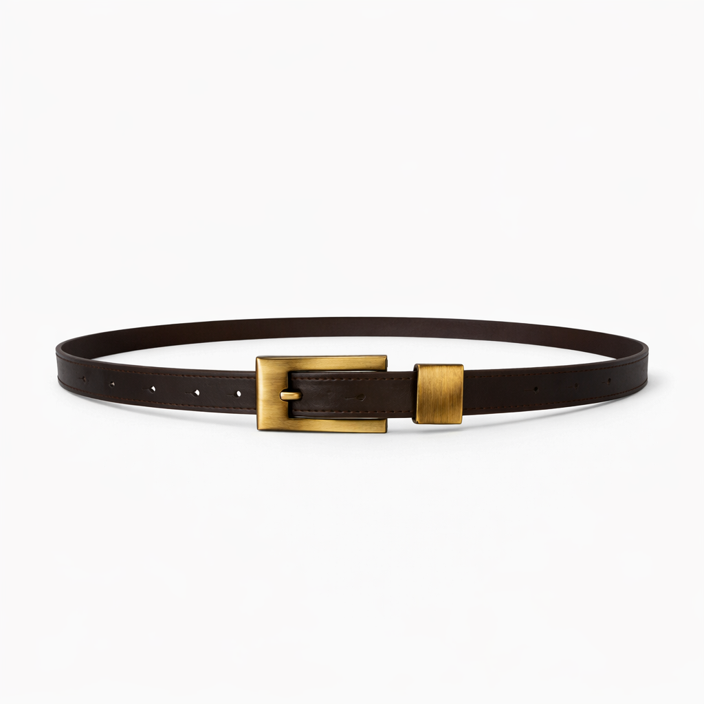 Women’s Brown Slim Belt with Gold Square Buckle