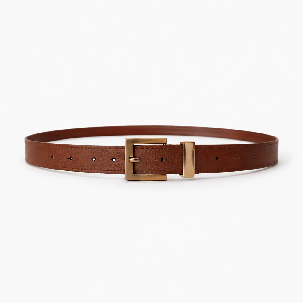 Women’s Brown Slim Belt with Gold Square Buckle