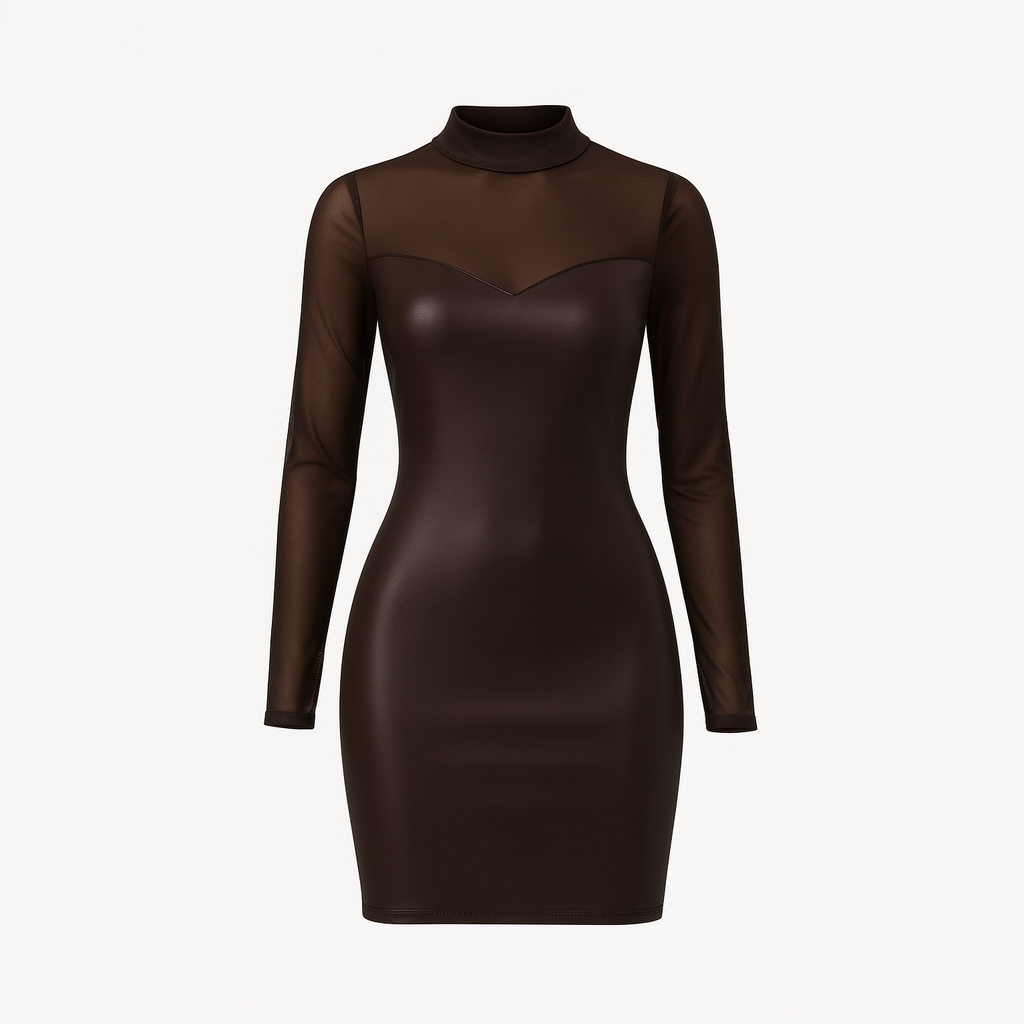 Cacao brown dress with a fitted vegan leather bodice and contrasting sheer black mesh long sleeves, featuring an illusion sweetheart neckline.


