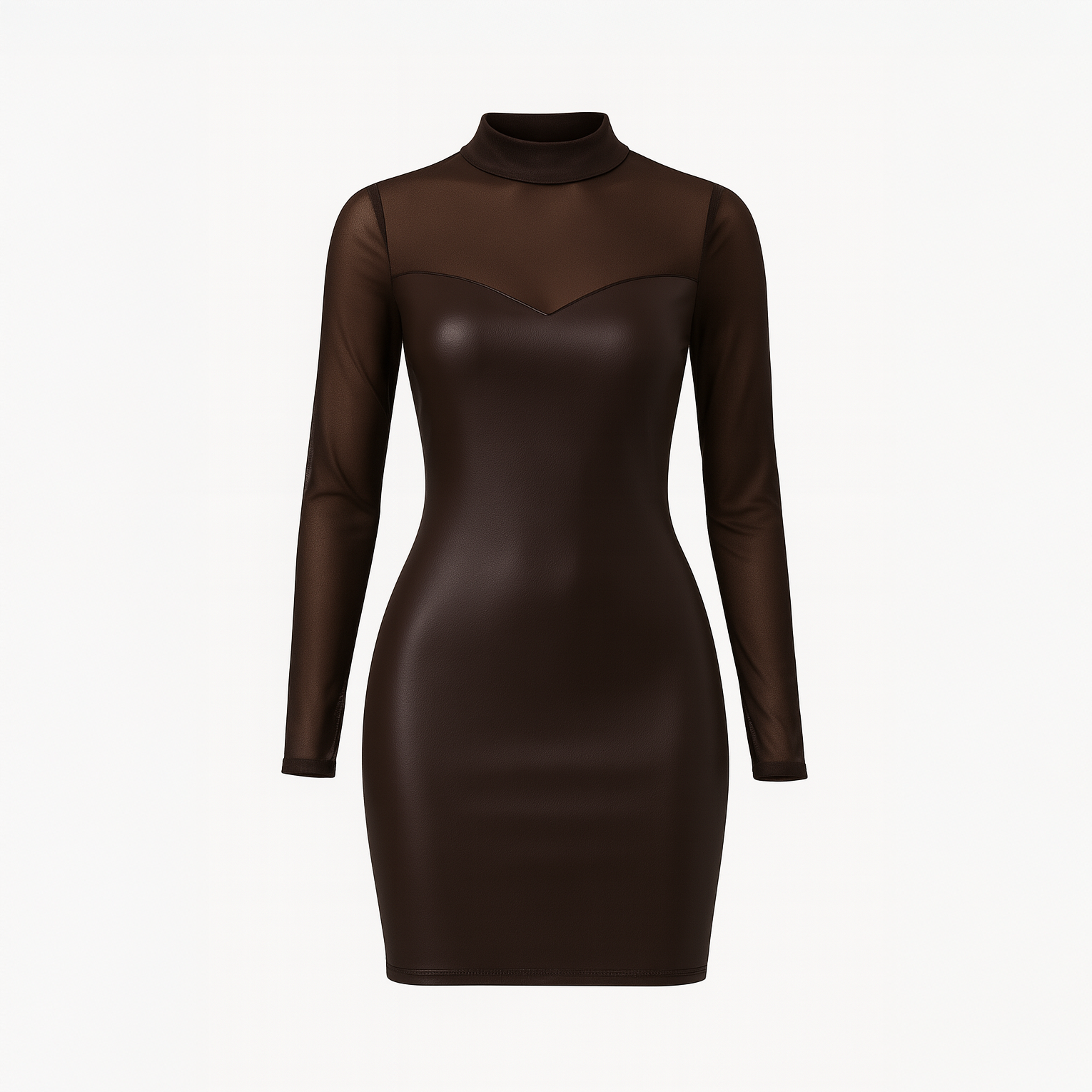 Cacao brown dress with a fitted vegan leather bodice and contrasting sheer black mesh long sleeves, featuring an illusion sweetheart neckline.

