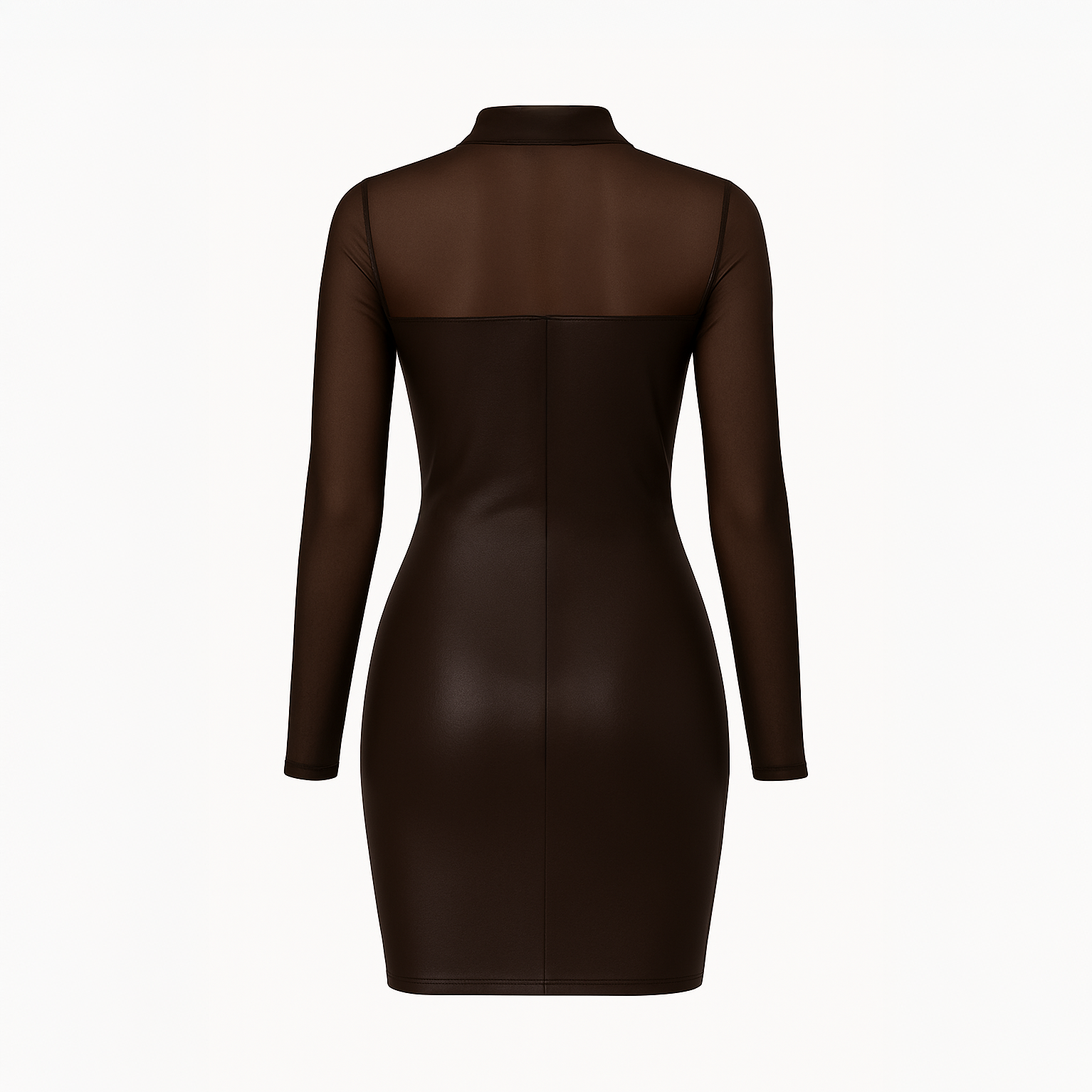 Cacao brown dress with a fitted vegan leather bodice and contrasting sheer black mesh long sleeves, featuring an illusion sweetheart neckline.

