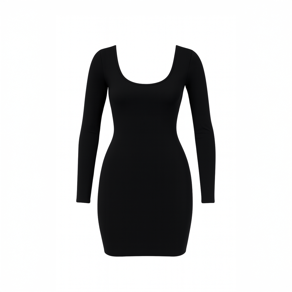 Black ribbed knit midi dress for women with long sleeves and a fitted bodycon silhouette, photographed on the historic Stairs of Saint Nicolas in Achrafieh.
