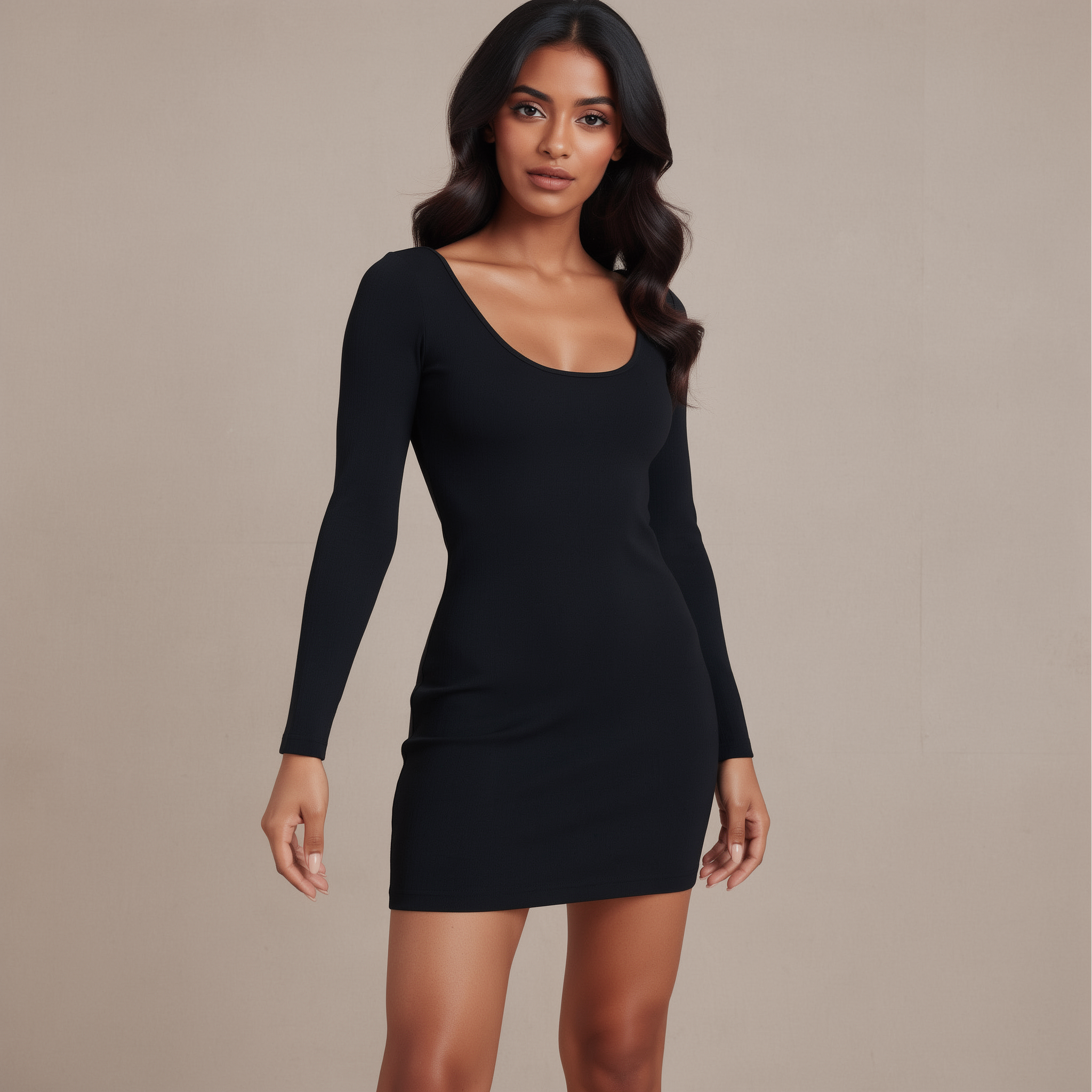 Black ribbed knit midi dress for women with long sleeves and a fitted bodycon silhouette, photographed on the historic Stairs of Saint Nicolas in Achrafieh.
