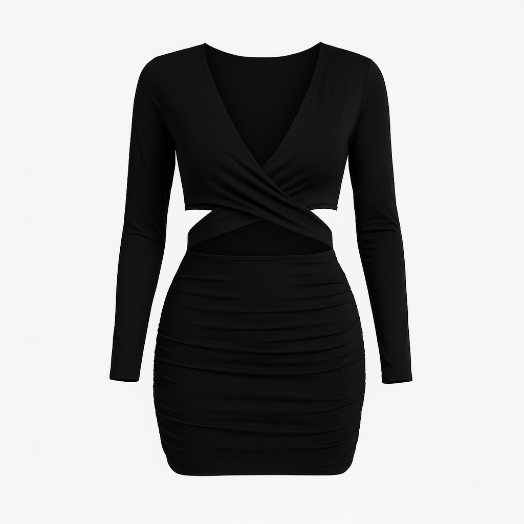 Black ribbed knit midi dress for women with long sleeves and a stylish scoop neckline, photographed inside a historic stone house in Saida.
