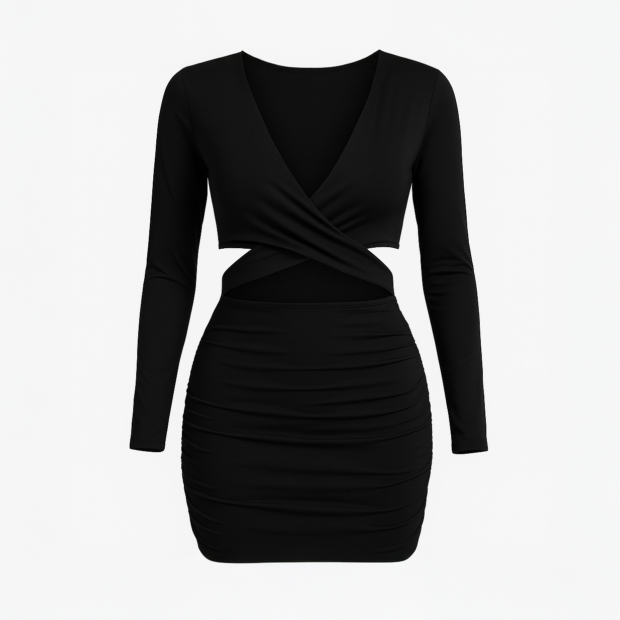 Black ribbed knit midi dress for women with long sleeves and a stylish scoop neckline, photographed inside a historic stone house in Saida.
