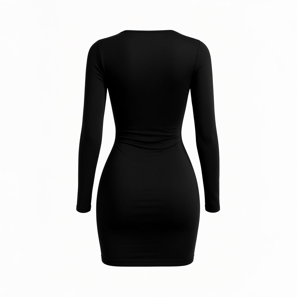 Black ribbed knit midi dress for women with long sleeves and a stylish scoop neckline, photographed inside a historic stone house in Saida.
