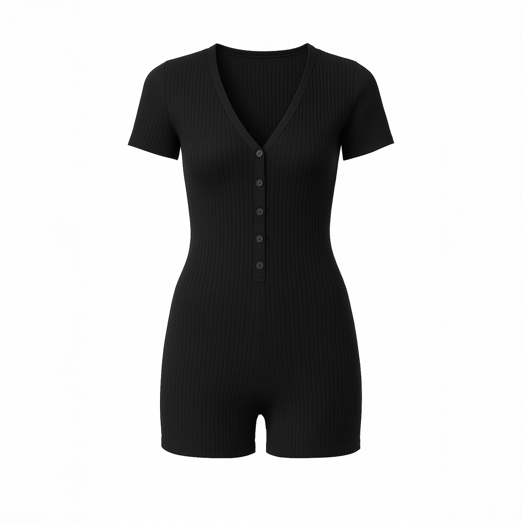 Black ribbed short-sleeve button romper for women, modeled inside an authentic home