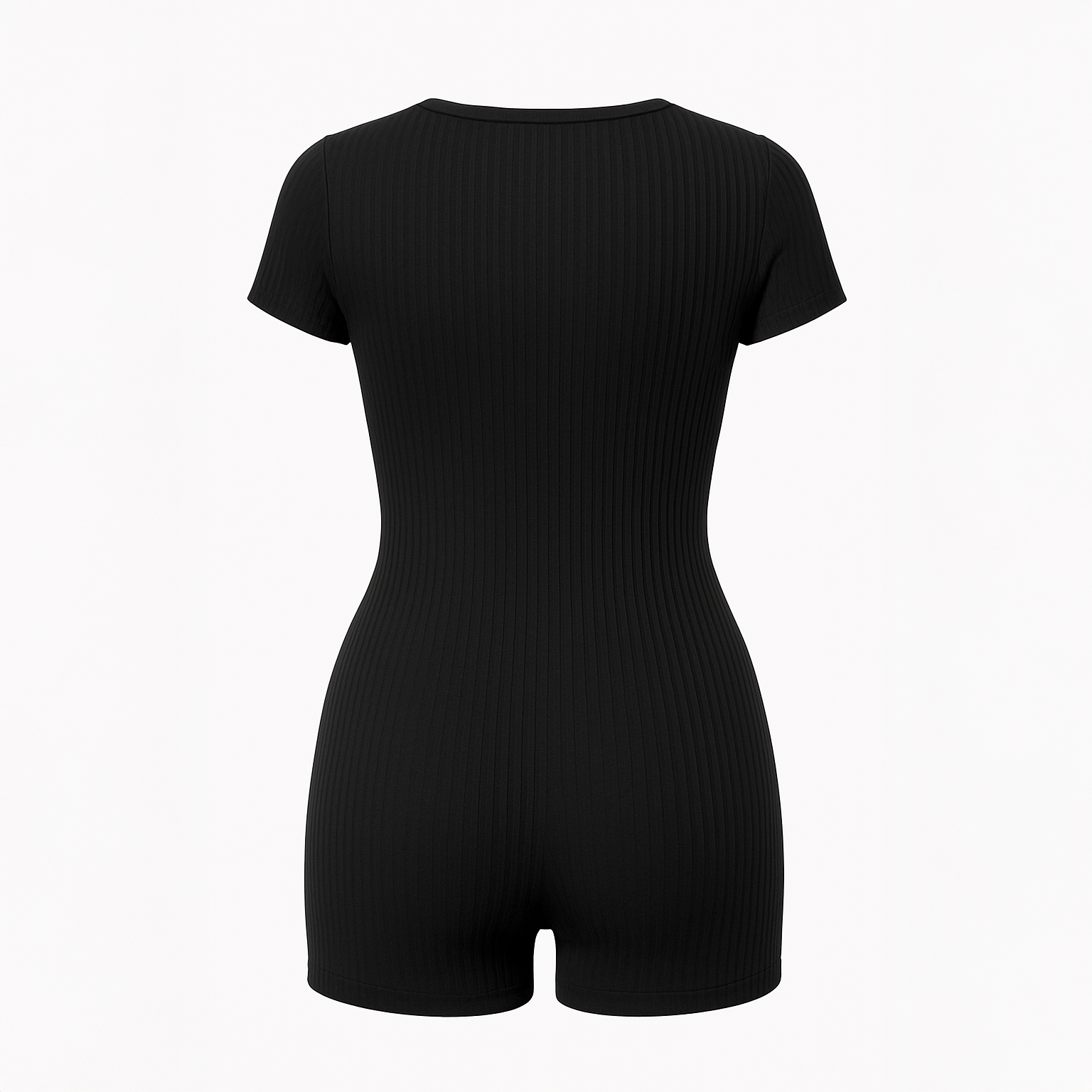 Black ribbed short-sleeve button romper for women, modeled inside an authentic home