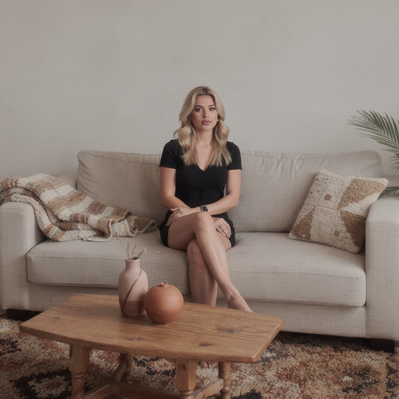 Black ribbed short-sleeve button romper for women, modeled inside an authentic home in the Bekaa Valley
