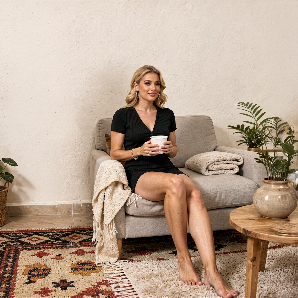 Black ribbed short-sleeve button romper for women, modeled inside an authentic home in the Bekaa Valley
