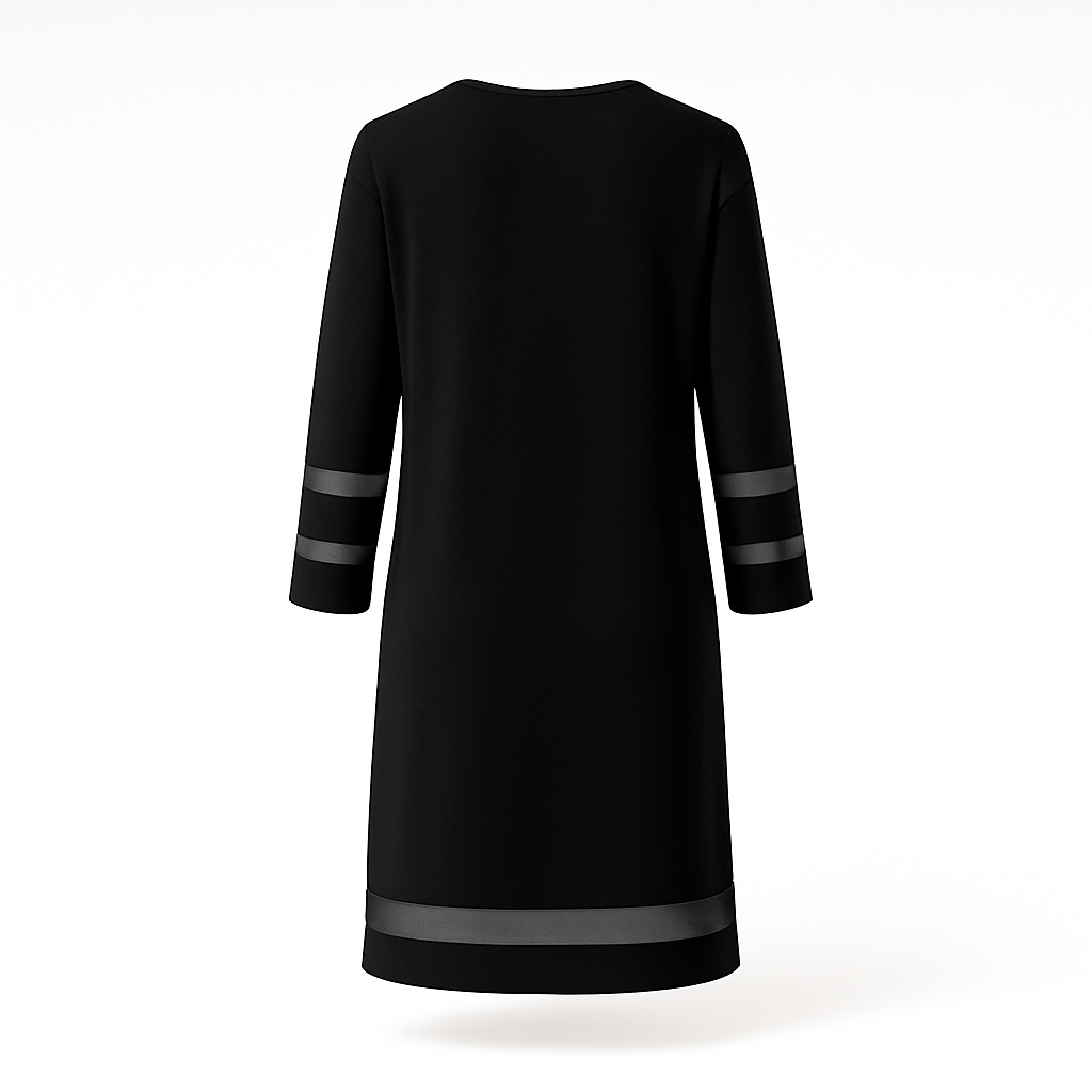 Structured black midi dress with a smooth base fabric and dramatic sheer tulle detailing on the sleeves or overlay, photographed in a modern Raouche apartment.
