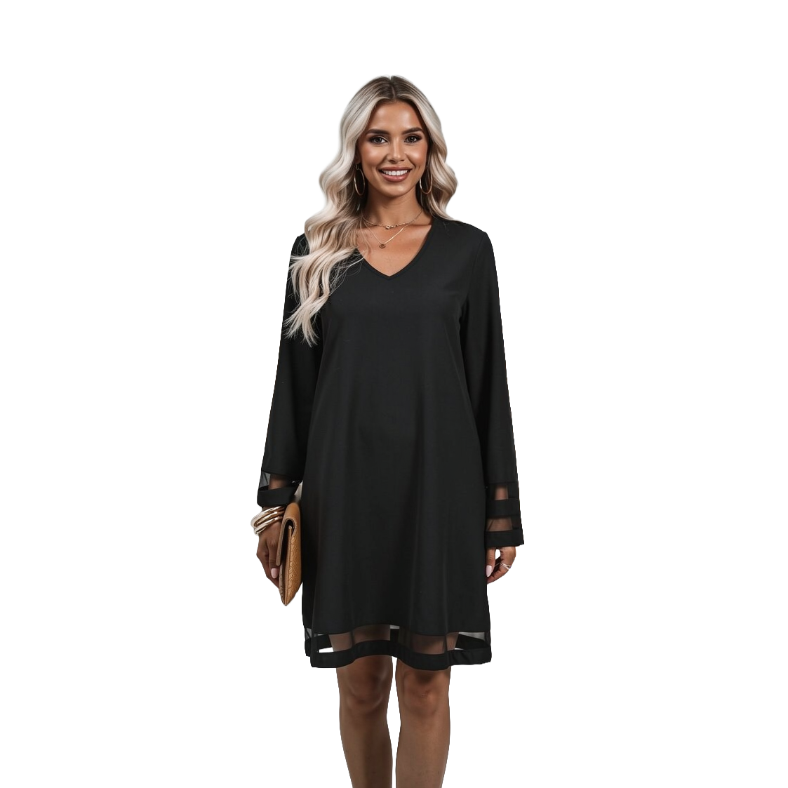 Structured black midi dress with a smooth base fabric and dramatic sheer tulle detailing on the sleeves or overlay, photographed in a modern Raouche apartment.
