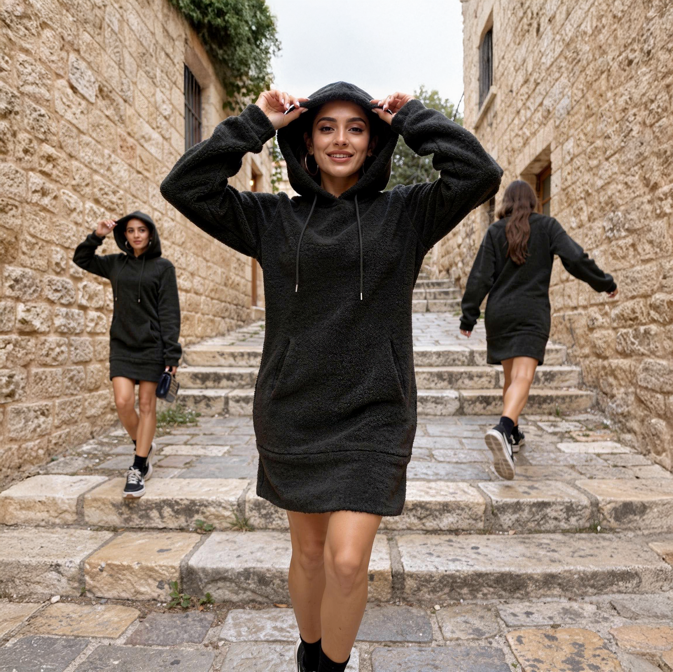 Black fleece hoodie dress for women with long sleeves, front pocket, and relaxed fit

