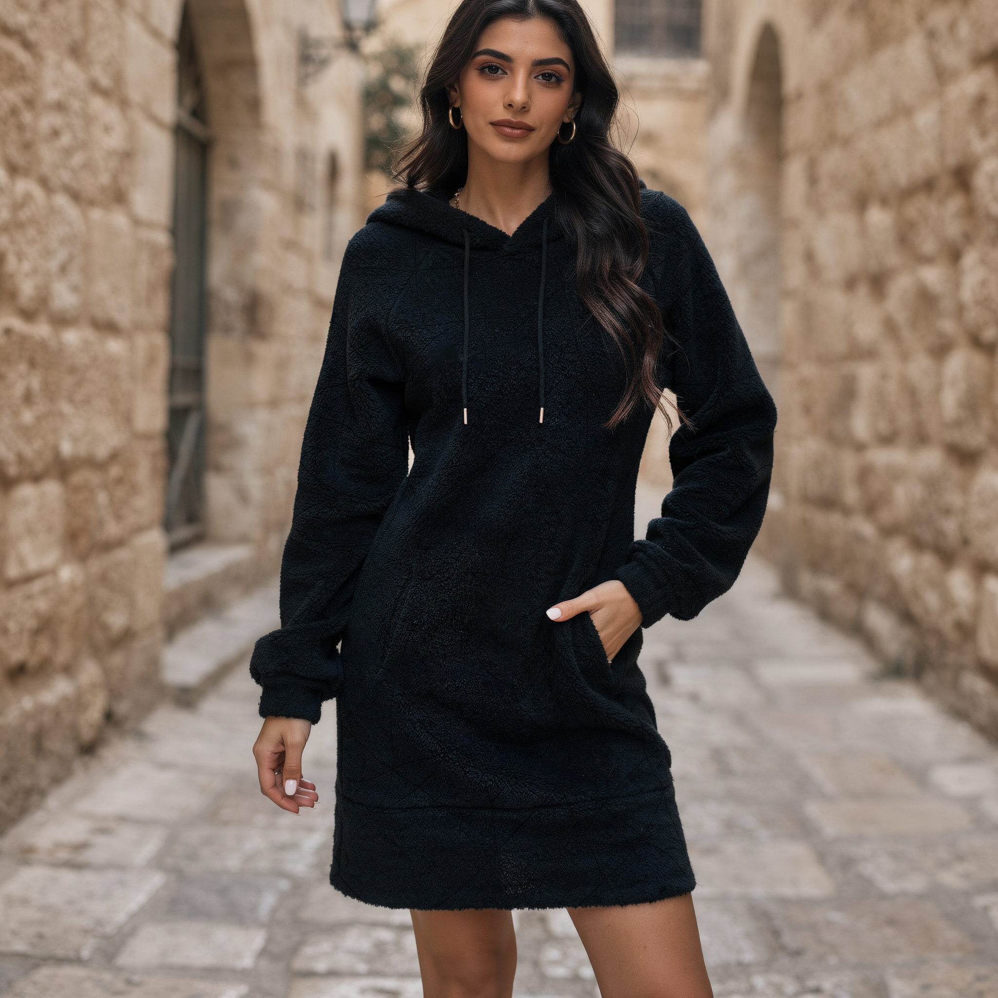 Black fleece hoodie dress for women with long sleeves, front pocket, and relaxed fit
