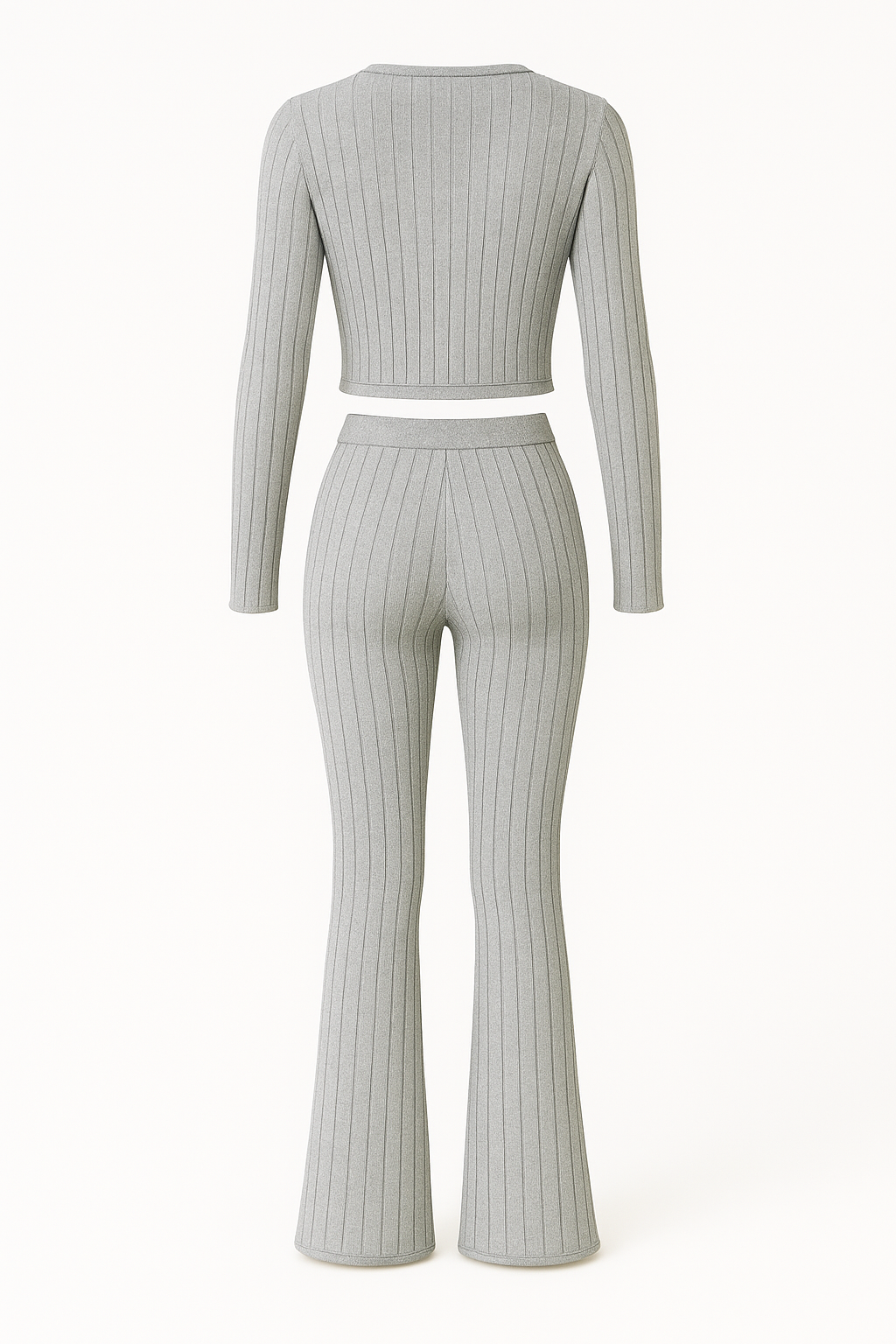 Grey ribbed knit two-piece set for women featuring a long sleeve V-neck top and flared pants, soft loungewear outfit.
