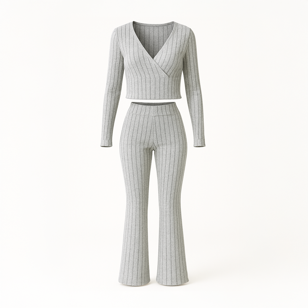 Grey ribbed knit two-piece set for women featuring a long sleeve V-neck top and flared pants, soft loungewear outfit.
