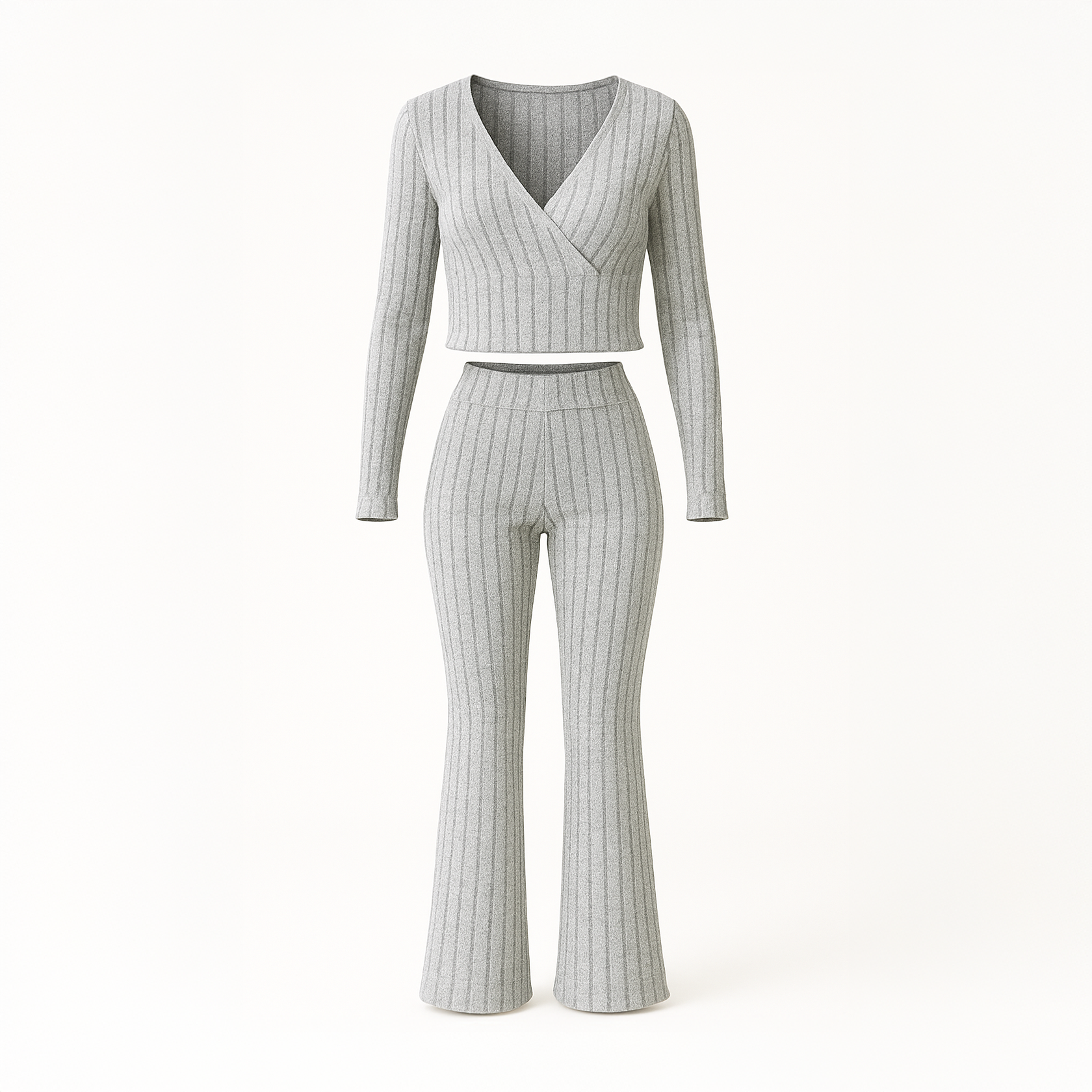 Grey ribbed knit two-piece set for women featuring a long sleeve V-neck top and flared pants, soft loungewear outfit.
