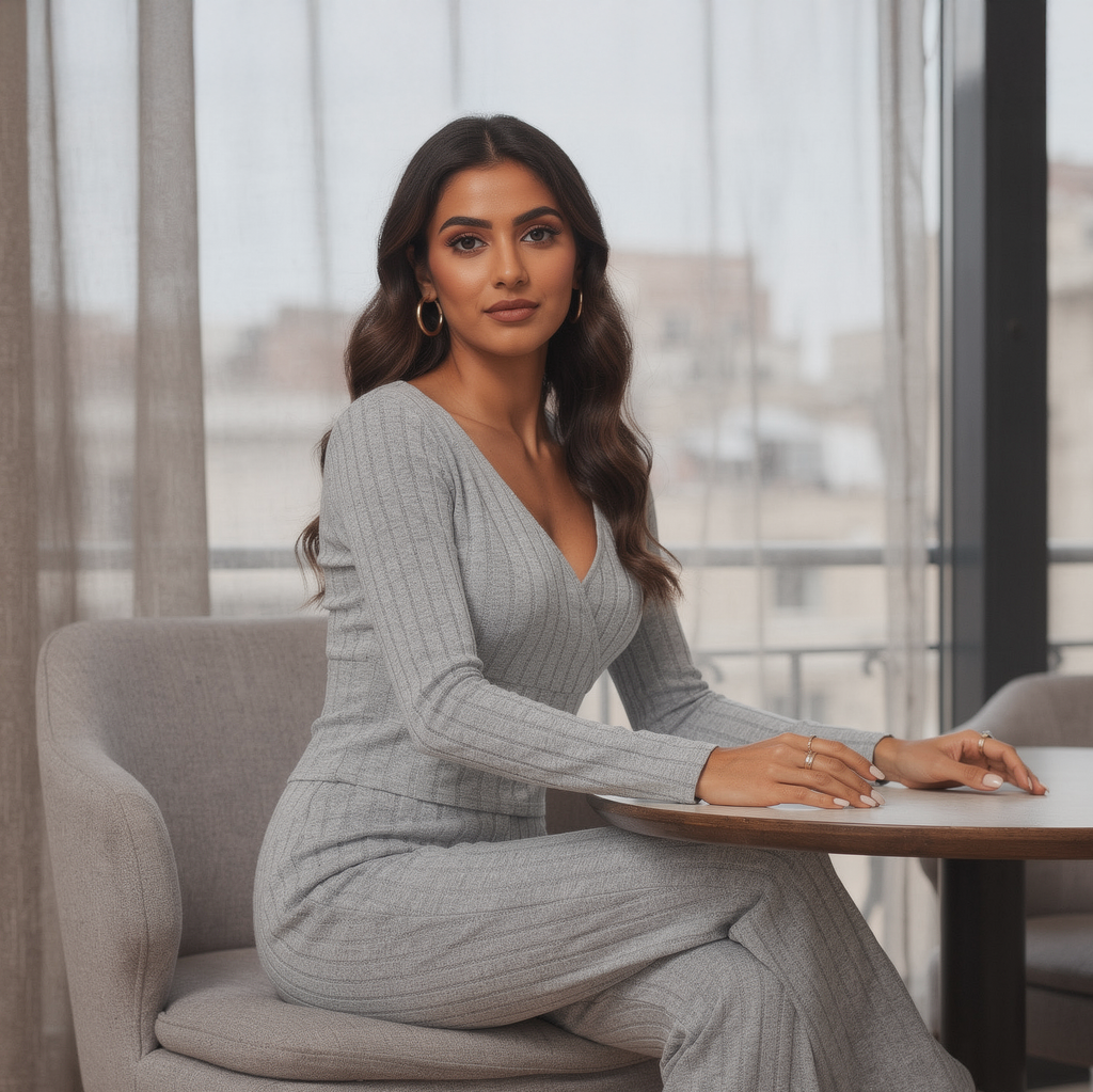 Grey ribbed knit two-piece set for women featuring a long sleeve V-neck top and flared pants, soft loungewear outfit.
