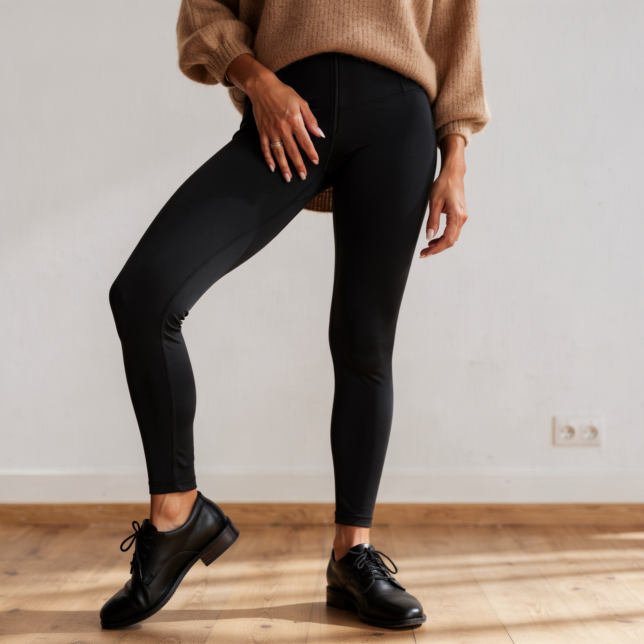 High-rise black sculpting leggings for women made from soft stretch fabric, designed for a sleek and supportive everyday fit

