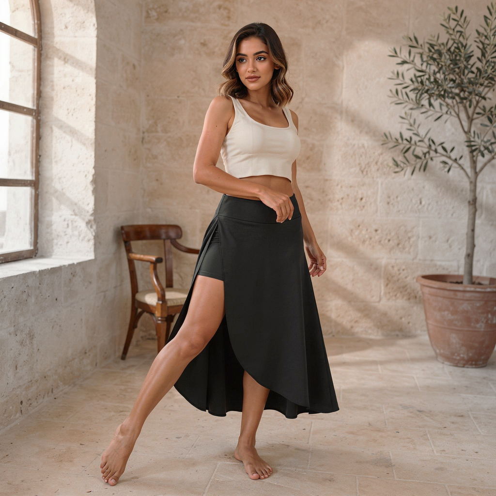 Black high-waisted flow skort with built-in shorts worn by a woman moving freely inside a sunlit stone heritage home in Deir El Qamar
