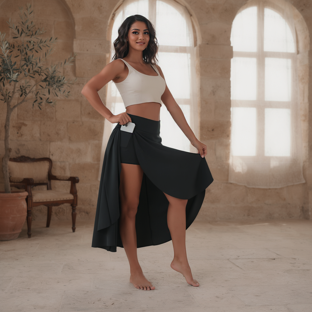 Black high-waisted flow skort with built-in shorts worn by a woman moving freely inside a sunlit stone heritage home in Deir El Qamar
