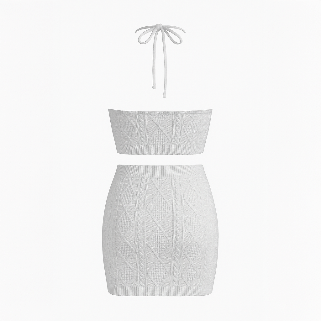 Ivory cable-knit two-piece women’s set with halter crop top and fitted mini skirt
