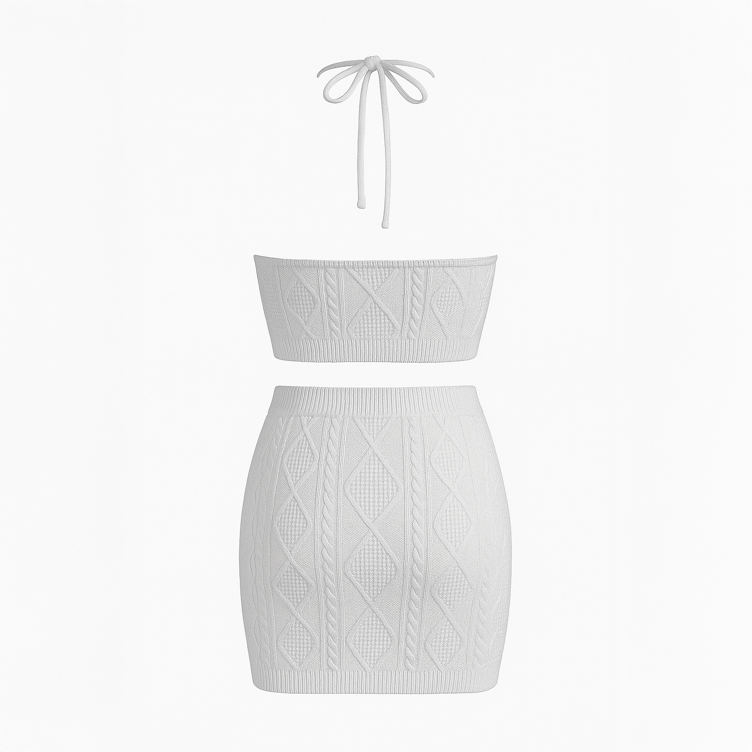 Ivory cable-knit two-piece women’s set with halter crop top and fitted mini skirt
