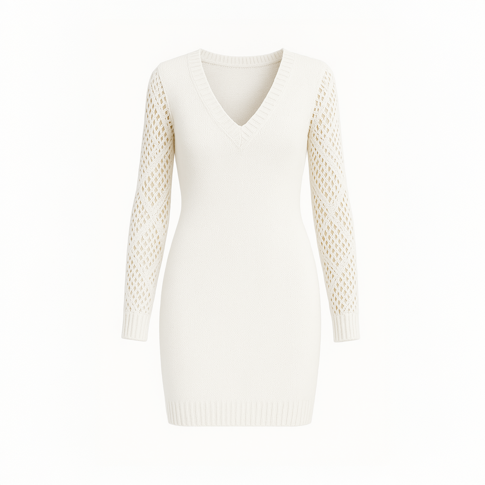 Ivory knit sweater dress for women with lace sleeves and V-neck, photographed in Beiteddine Palace courtyard.
