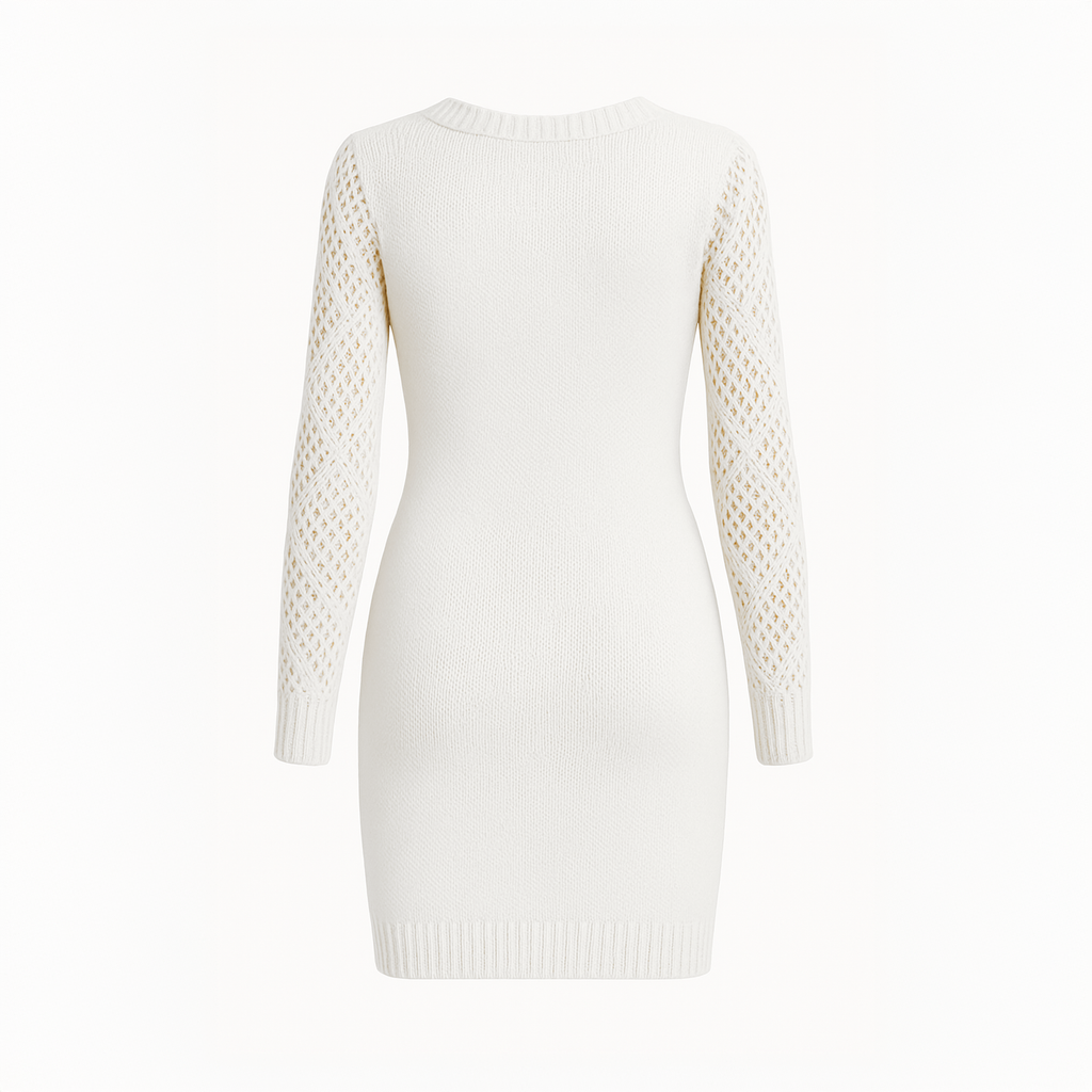 Ivory knit sweater dress for women with lace sleeves and V-neck, photographed in Beiteddine Palace courtyard.
