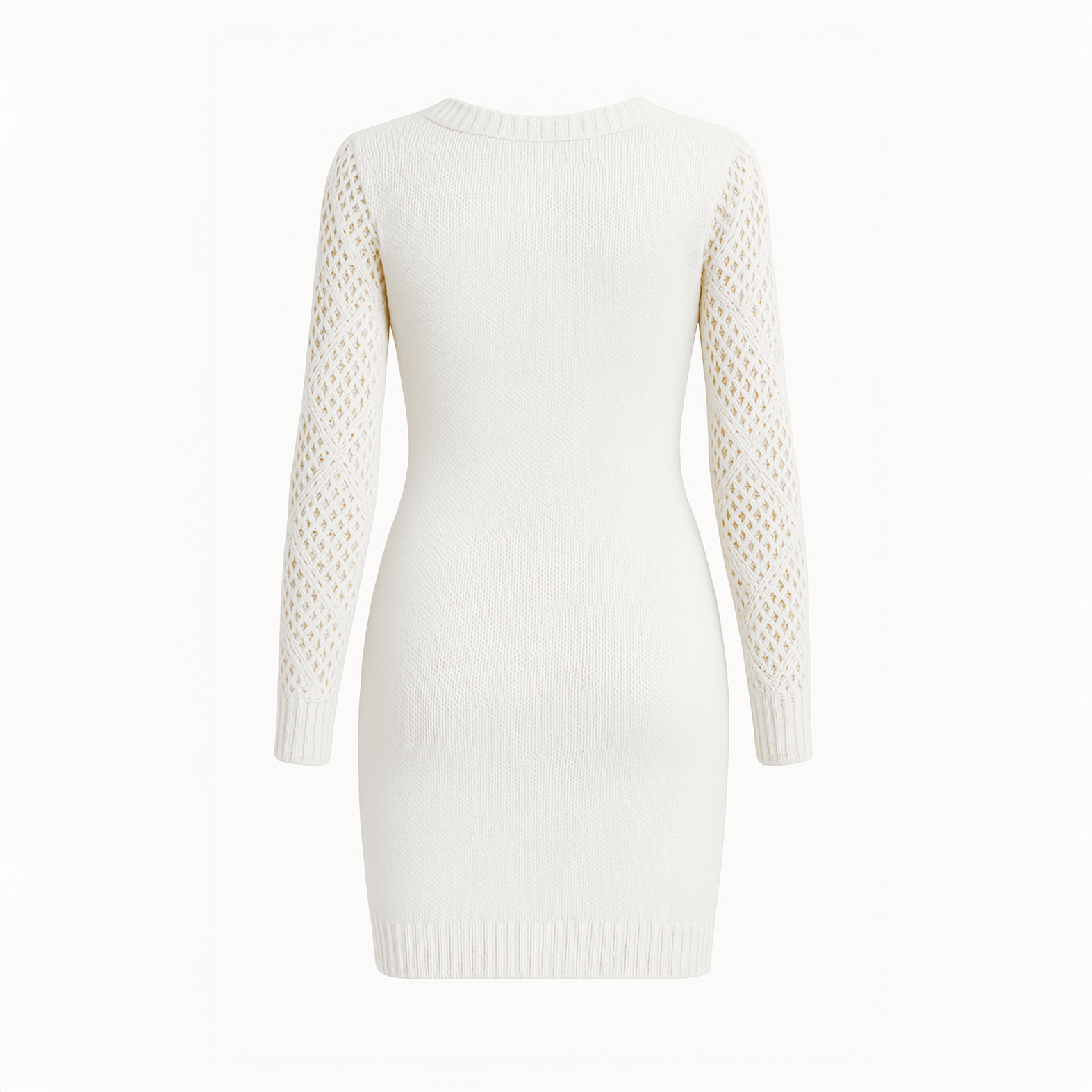 Ivory knit sweater dress for women with lace sleeves and V-neck, photographed in Beiteddine Palace courtyard.
