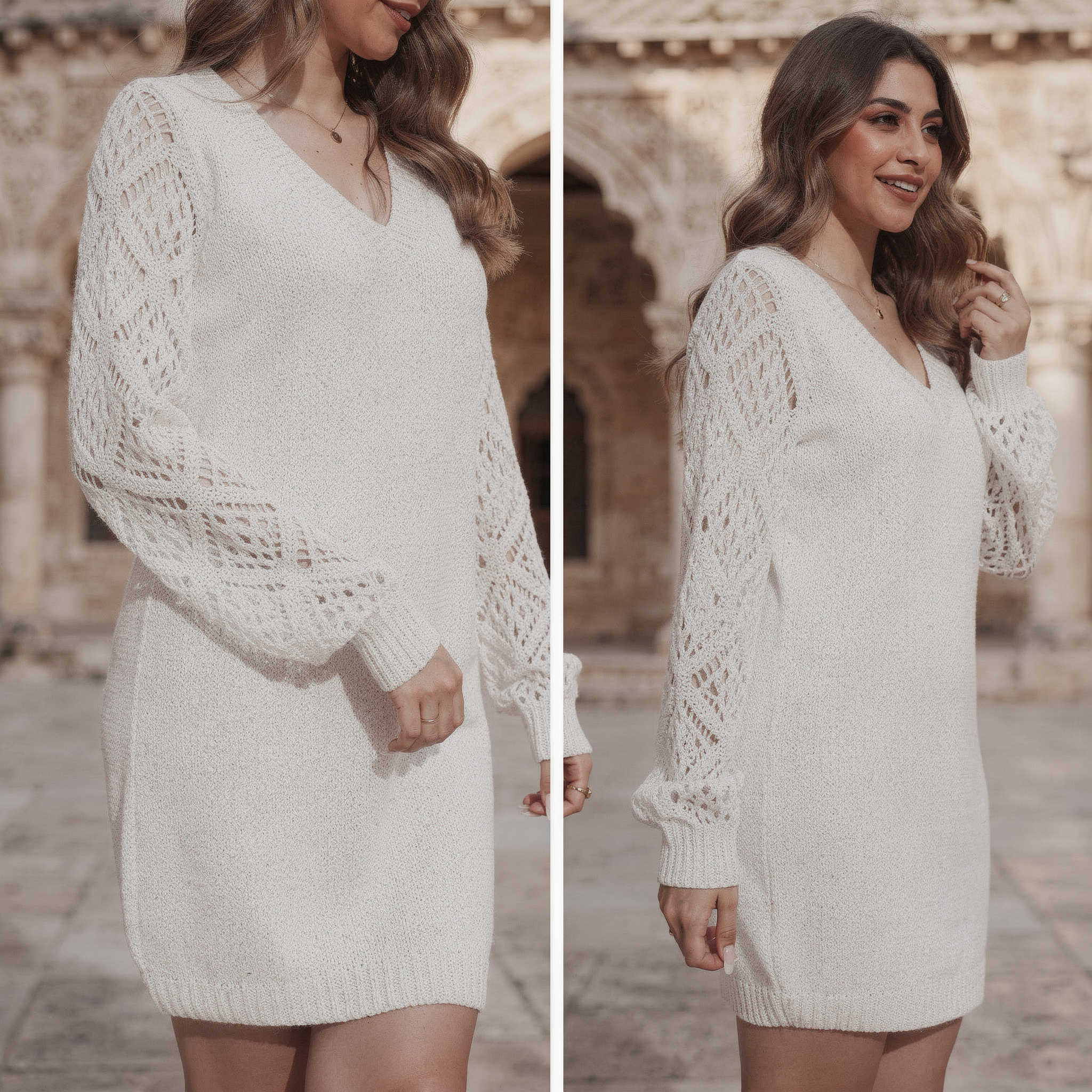Ivory knit sweater dress for women with lace sleeves and V-neck, photographed in Beiteddine Palace courtyard.
