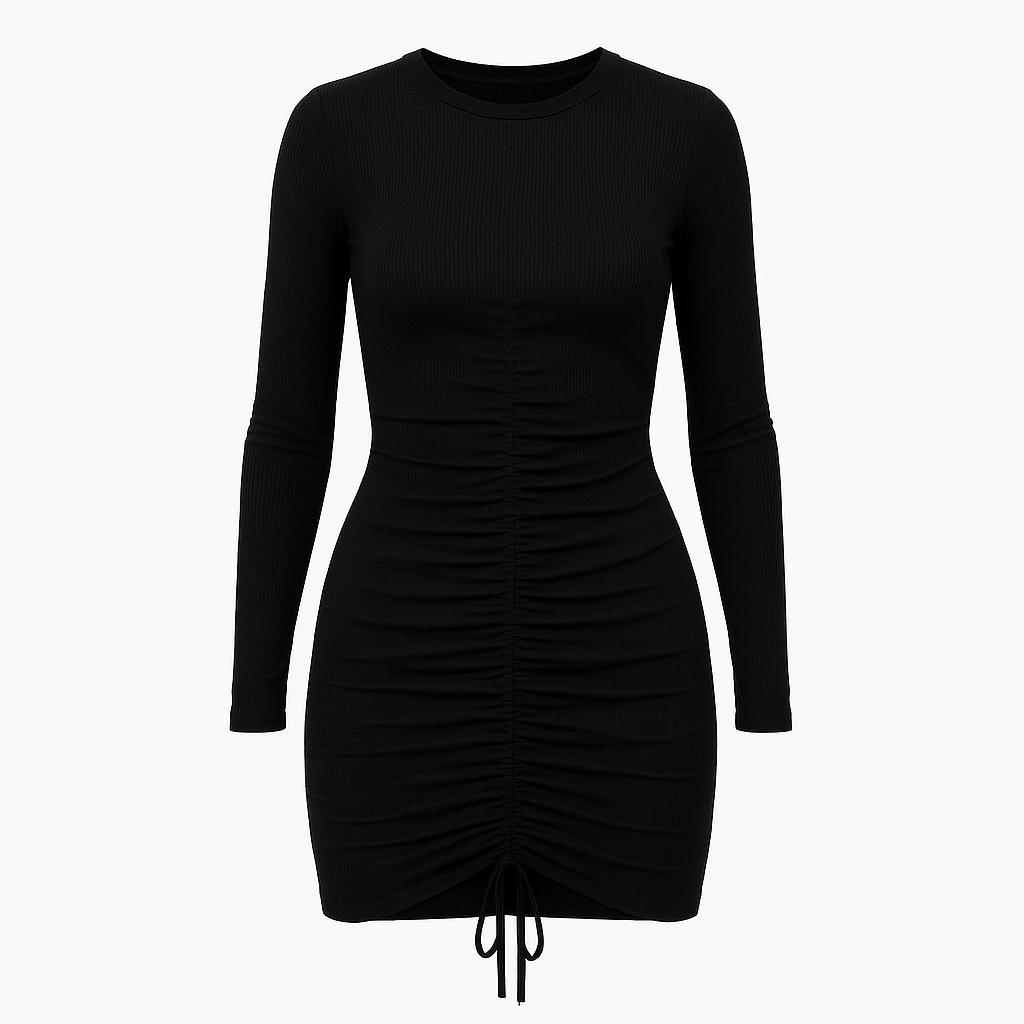 Black long-sleeve ruched bodycon mini dress with fitted silhouette for women
