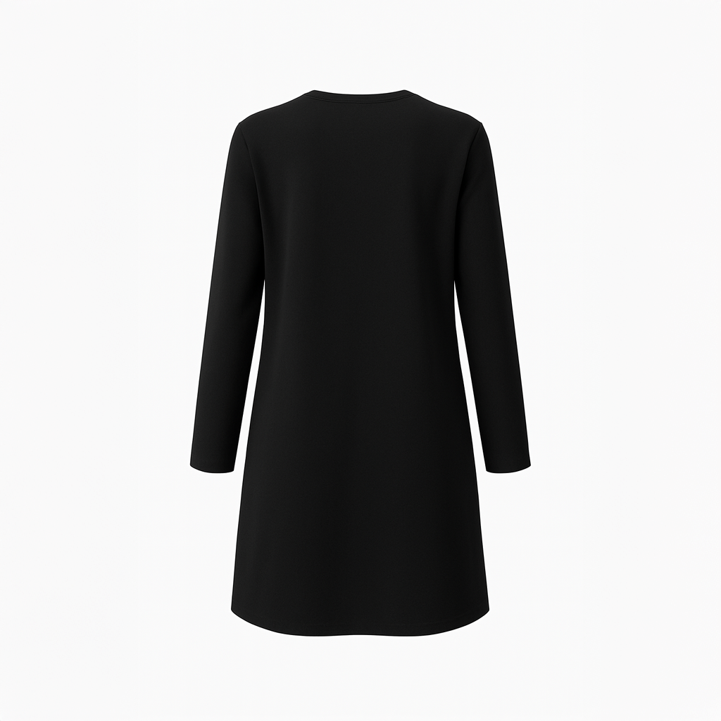 Long open-front black jacket for women with clean lines and lightweight structure

