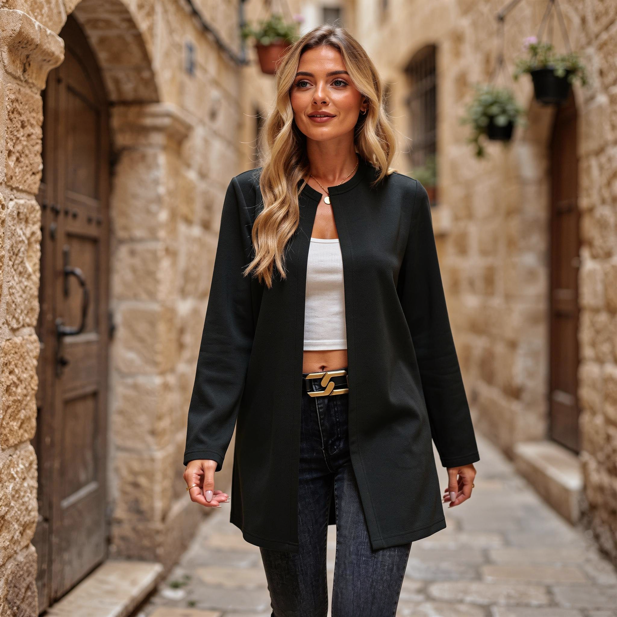 Long open-front black jacket for women with clean lines and lightweight structure
