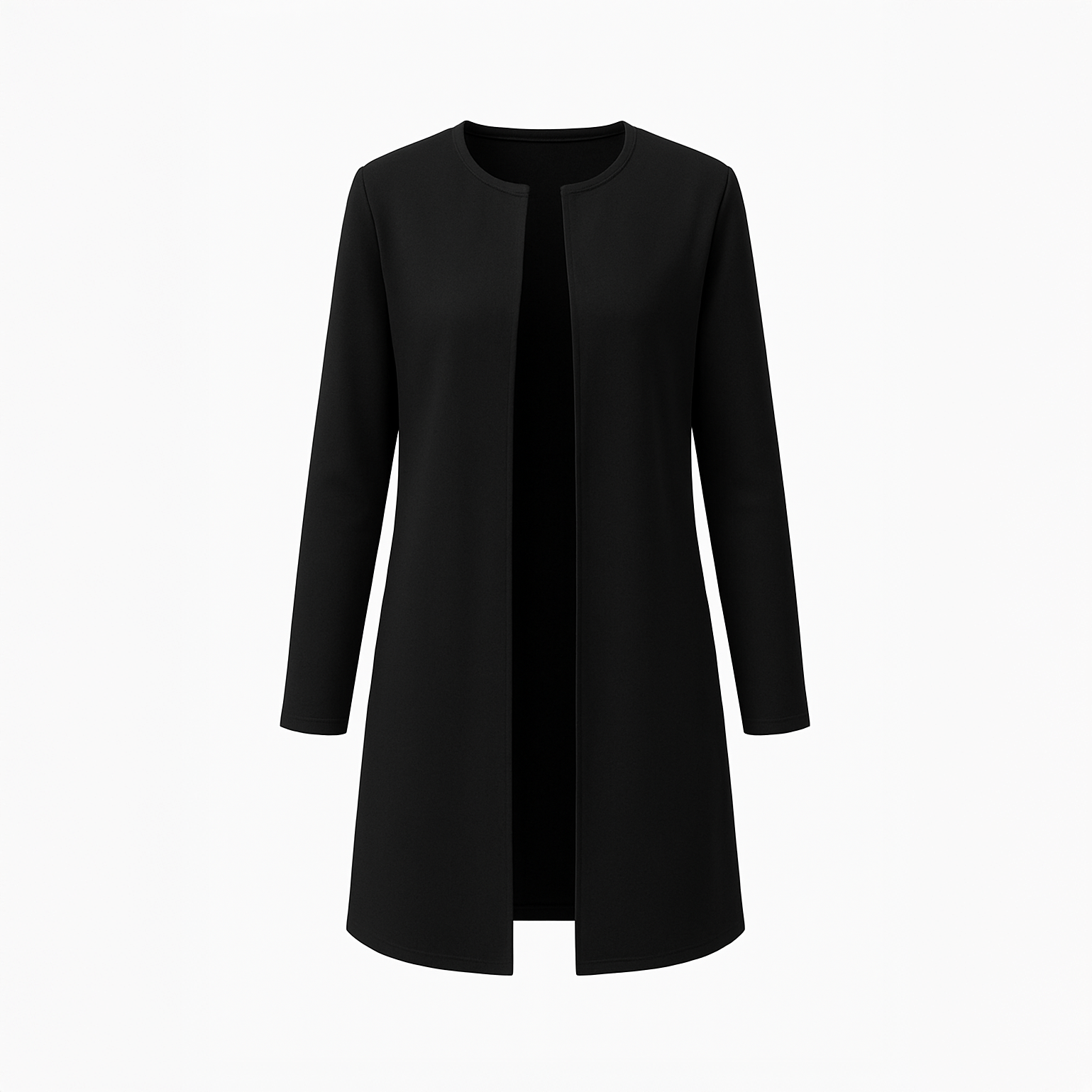 Long open-front black jacket for women with clean lines and lightweight structure
