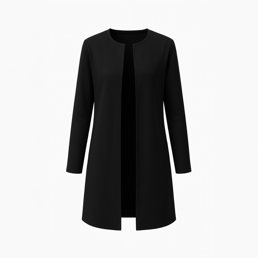 Long open-front black jacket for women with clean lines and lightweight structure
