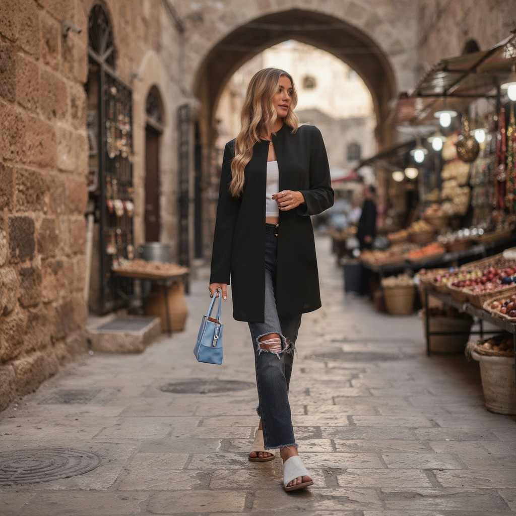 Long open-front black jacket for women with clean lines and lightweight structure
