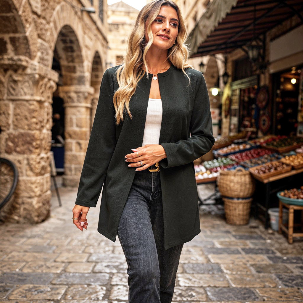 Long open-front black jacket for women with clean lines and lightweight structure
