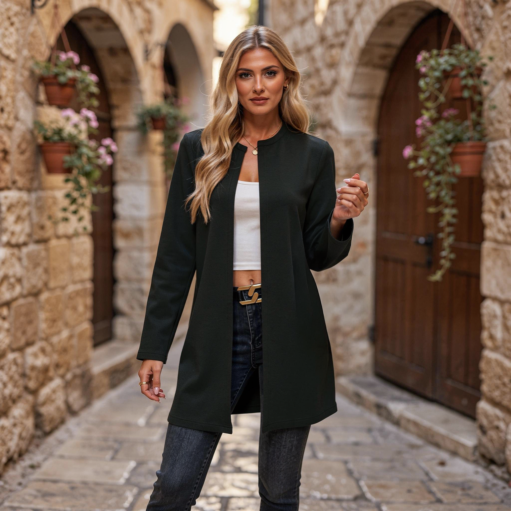 Long open-front black jacket for women with clean lines and lightweight structure
