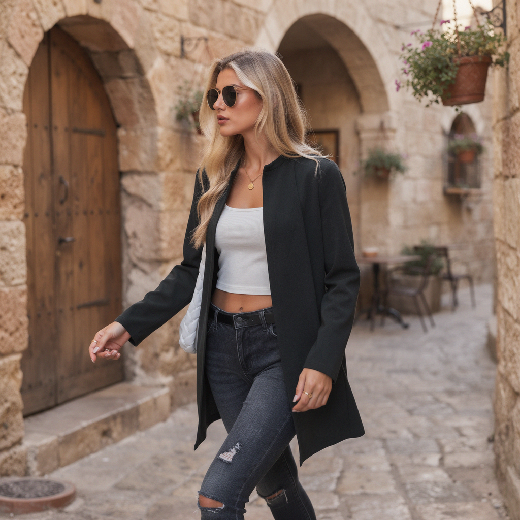 Long open-front black jacket for women with clean lines and lightweight structure
