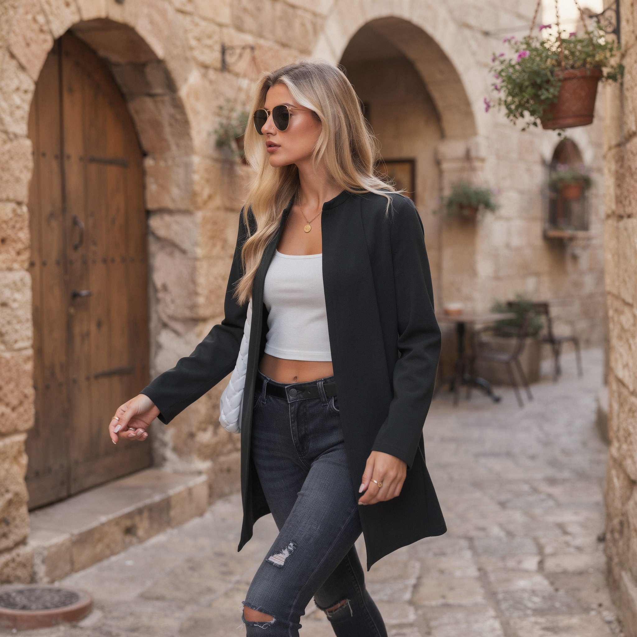 Long open-front black jacket for women with clean lines and lightweight structure
