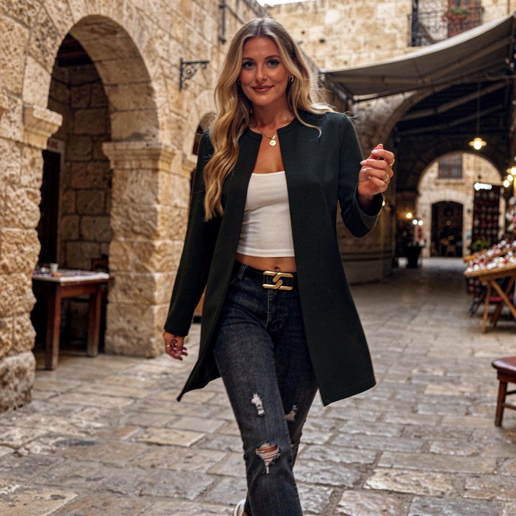 Long open-front black jacket for women with clean lines and lightweight structure
