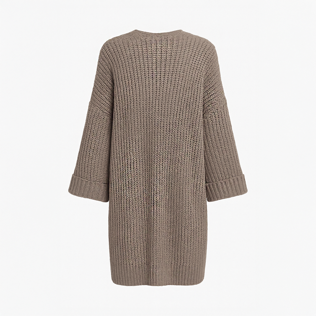 Oversized beige chunky knit cardigan with open front and large pockets for women
